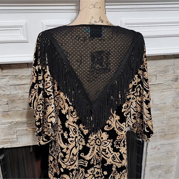 Judith March Black and Gold Velvet, Fringe, and‎ Mesh Kimono Jacket Size Medium - Picture 7 of 9